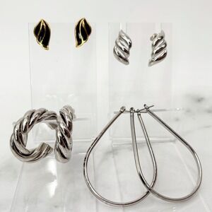 Lot of 4 Earrings Silver Tone Hoops Swirl Posts Leaf Studs Mixed Styles Jewelry